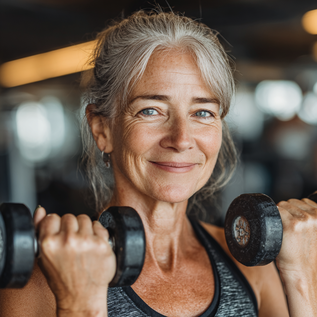 Жінка 55 років виконує силові вправи з гантелями в тренажерному залі, усміхається та демонструє впевненість