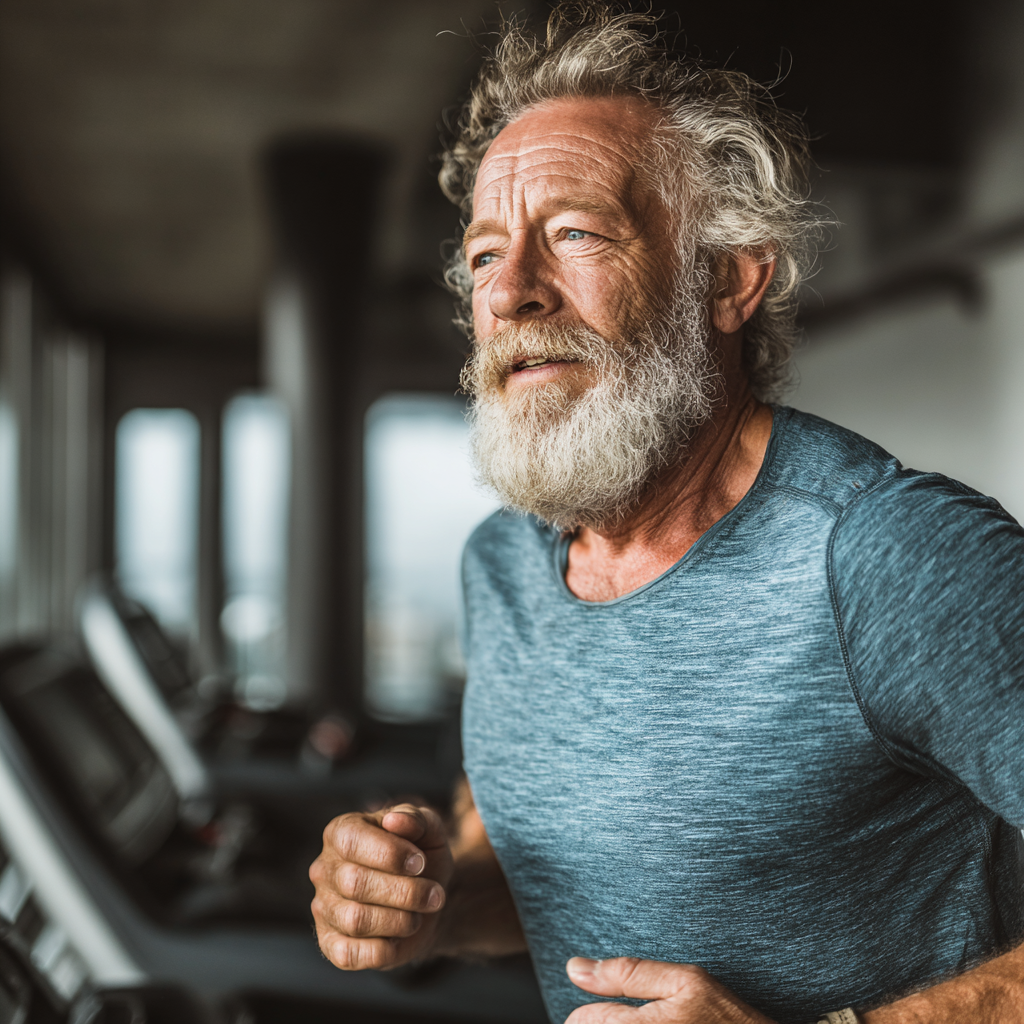 Чоловік 58 років займається кардіо тренуванням на біговій доріжці, активний та зосереджений на результаті