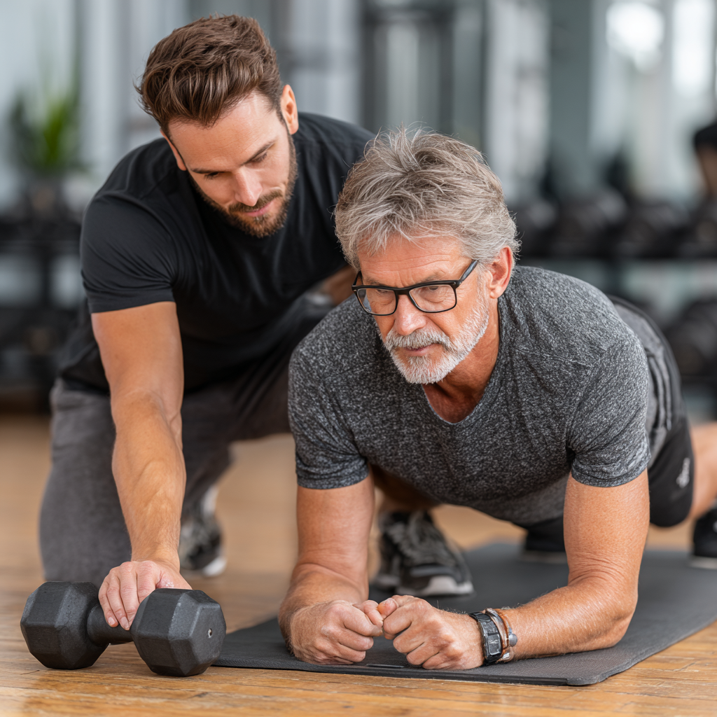 Персональний тренер працює з клієнтом 60 років, демонструє правильну техніку виконання вправ з власною вагою тіла